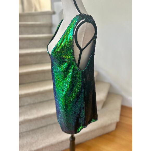 Free People Green Blue Black Iridescent Sequin Sleeveless Mini Dress - Picture 4 of 7